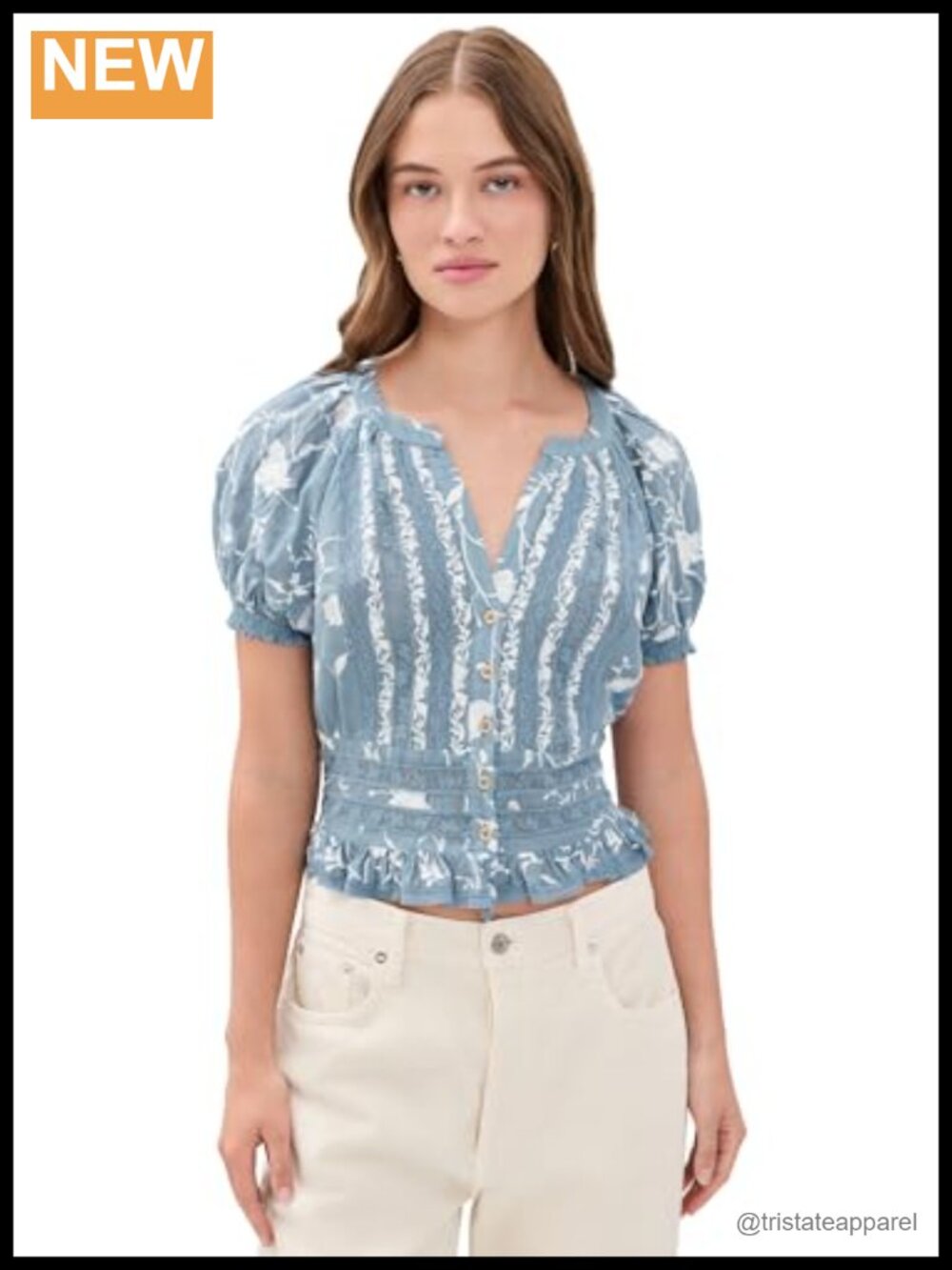 Embroidered Floral Voile Blouse V-Neck Short Puff Sleeves